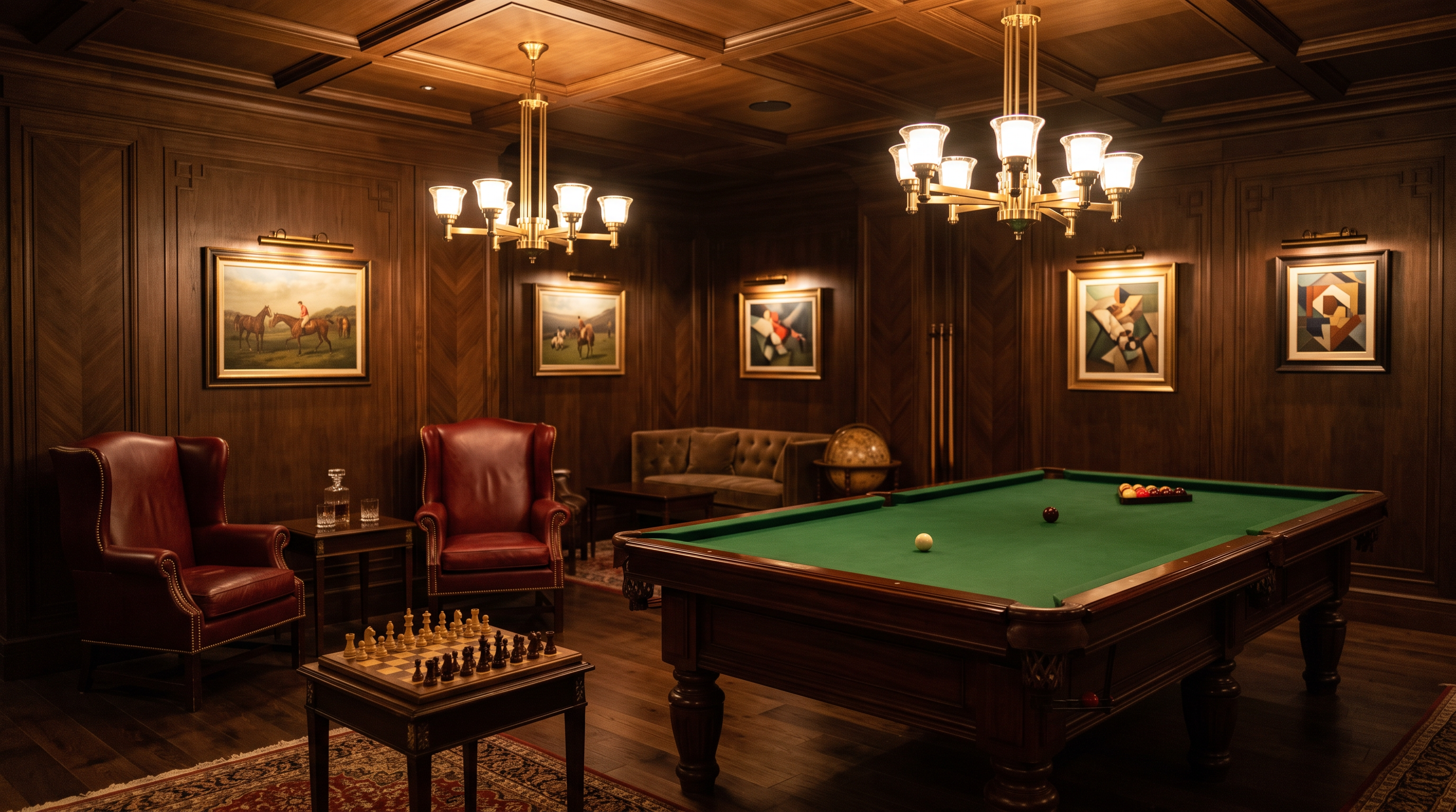 Sala de billar y juegos de salón con decoración Art Decó