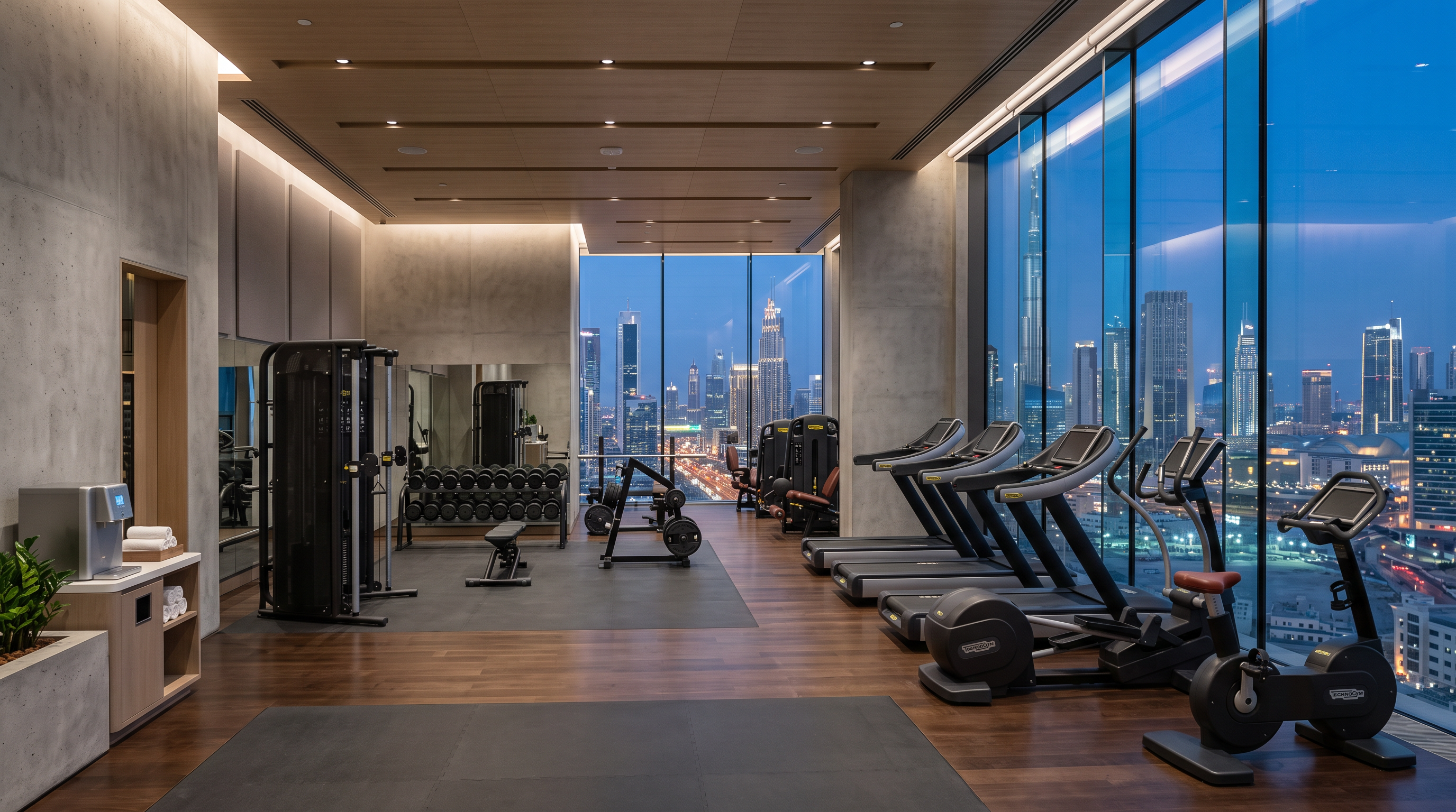 Gimnasio moderno con vista a la ciudad