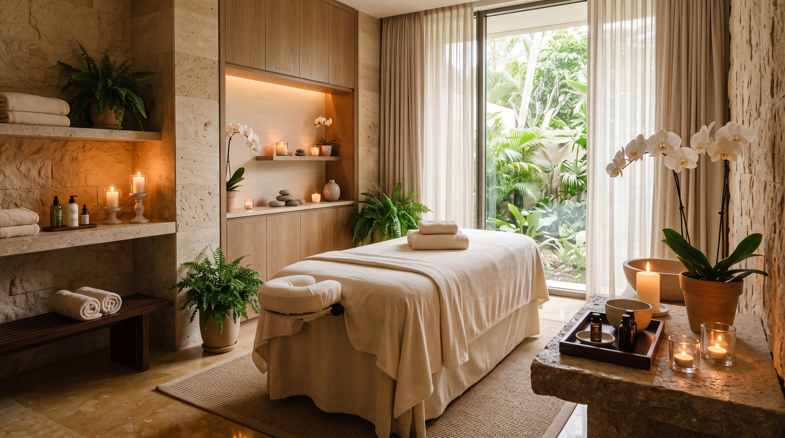 Sala de spa con velas y piedras cálidas