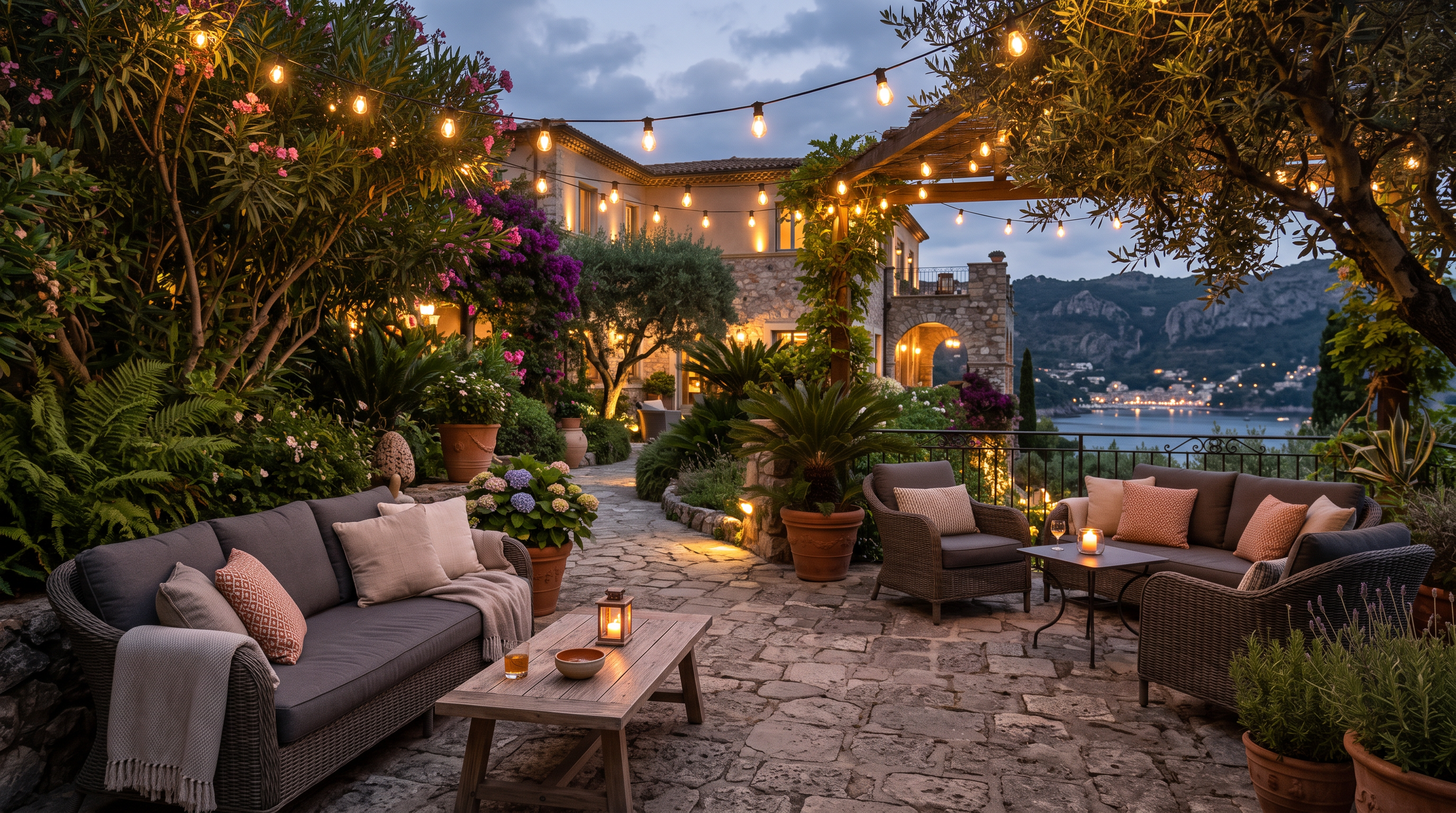 Terraza jardín con sillones al atardecer